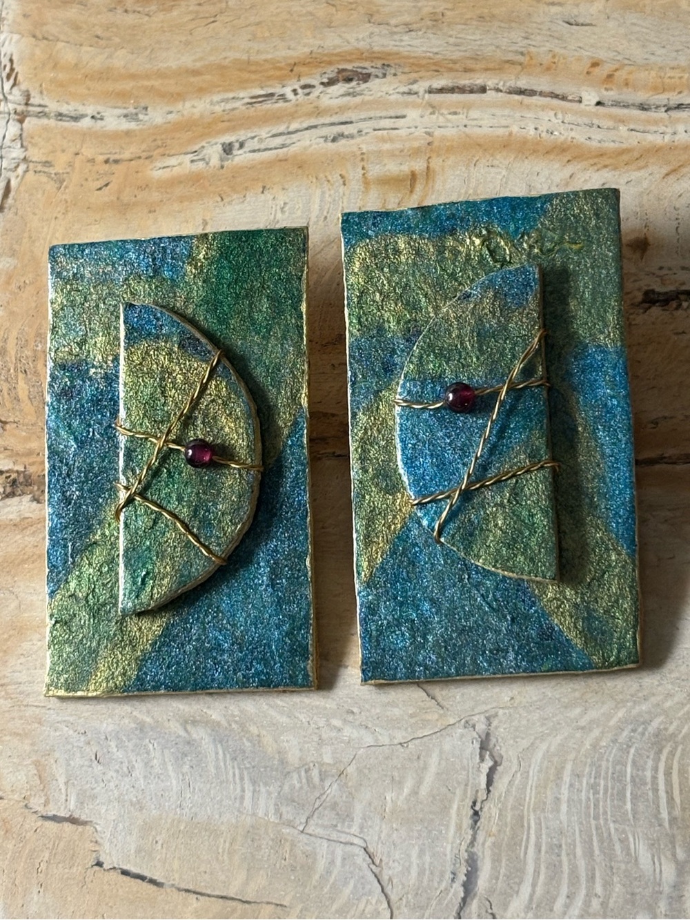 Handcrafted Mixed-Media Rectangular Earrings in Teal, Green & Gold